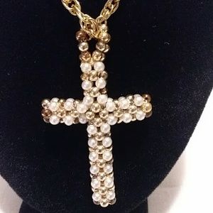 Cross Pearl and Gold Tone Necklace